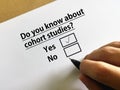 Questionnaire. One person is answering question about research. The person knows about cohort studies Royalty Free Stock Photo