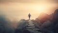 One person conquering adversity, standing on mountain peak at sunset generated by AI