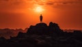 One person conquering mountain peak at sunrise generated by AI