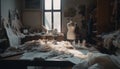 One person, an expert artist, making pottery in messy workshop generated by AI