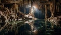 One person explores underground grotto, admiring stalactites and stalagmites generated by AI