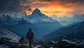 One person hiking, conquering mountain peaks, exploring majestic landscapes generated by AI