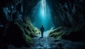 One person hiking deep underwater, silhouette of a mystery explorer generated by AI