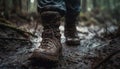 One person hiking in the forest with dirty hiking boots generated by AI