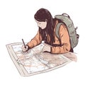 One person hiking, looking at map, planning