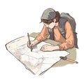 One person hiking, sketching map for adventure