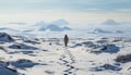 One person hiking in the snow covered mountain landscape generated by AI