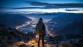 One person hiking, standing on mountain peak, backpack, nature generated by AI Royalty Free Stock Photo