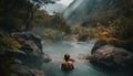 One person hiking in tropical rainforest, enjoying solitude and freshness generated by AI Royalty Free Stock Photo