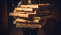 One person holding a gift box, surrounded by stacks of books generated by AI Royalty Free Stock Photo