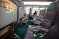 One person inside empty plane. Airlines crisis during coronavirus covid pandemic concept