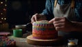 One person making homemade dessert, decorating cake with creativity generated by AI Royalty Free Stock Photo