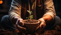 One person planting new life, nurturing growth in nature generated by AI