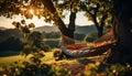 One person resting in a hammock, enjoying the tranquil sunset generated by AI Royalty Free Stock Photo