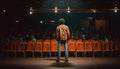 One person sitting in an auditorium watching a theatrical performance generated by AI