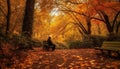 One person sitting on a bench, enjoying the autumn tranquility generated by AI Royalty Free Stock Photo