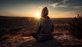 One person sitting on mountain peak, enjoying tranquil sunset generated by AI