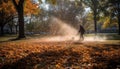 One person spraying yellow leaves, autumn gardening equipment, outdoors activity generated by AI