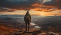 One person standing, backpack on, admiring majestic mountain peak generated by AI