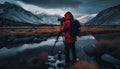 One person standing, photographing mountain peak with camera and tripod generated by AI