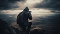 One person standing, photographing mountain peak silhouette generated by AI