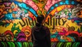 One person standing, praying to God in illuminated stained glass generated by AI