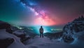 One person standing, watching majestic Milky Way generative AI