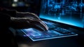 One person typing on futuristic glowing computer. AI Generative Royalty Free Stock Photo