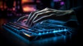 One person typing on futuristic glowing computer. AI Generative Royalty Free Stock Photo