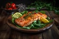 One piece of baked salmon grilled pepper lemon and salt on a brown plate with lettuce leaves. wooden table background. AI