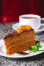 One piece of chocolate honey cake served on a white plate with a cup of tea over blurred background Royalty Free Stock Photo