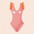 One Piece Swimsuit. Swimwear, swim suit, woman beachwear, pink beach costume with orange ruffles and doodle seashells on