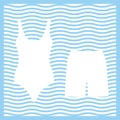 One-piece swimsuit, swimwear. Vector colored icons on wavy striped background