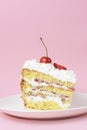 One piece of vanilla cherry cake on a white plate over pastel pink background. Delicious sweet dessert close up. Royalty Free Stock Photo