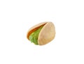 One pistachio nut ajar split shell with green kernel isolated on Royalty Free Stock Photo