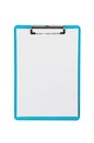 One plastic blue color clipboard with glossy metal binder with blank paper sheets isolated on white background. Top view Royalty Free Stock Photo