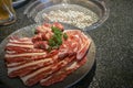 One plate contains cut pork, beef and chicken. Looks very fresh and delicious. Can`t wait to grill and enjoy them.