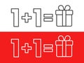 One plus one equals three, get one free as a gift, sale promotion, linear on red backdrop