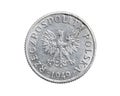 One Polish grosz coin on a white isolated background