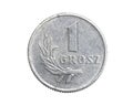 One Polish grosz coin on a white isolated background