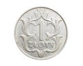 One Polish zloty coin on a white isolated background Royalty Free Stock Photo