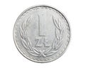 One Polish zloty coin on a white isolated background Royalty Free Stock Photo