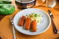 One portion of fried fish fingers and mashed potato. Royalty Free Stock Photo
