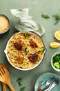 One Pot Mediterranean-Style Chicken Orzo pasta. Royalty Free Stock Photo