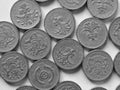 One Pound coins, United Kingdom in black and white Royalty Free Stock Photo