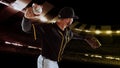 One professional baseball player taking a shot during match in crowed sport stadium at evening time. Sport, win, winner Royalty Free Stock Photo