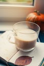 One pumpkin squash and a latte coffee made with with plant based oat soya or almond milk Royalty Free Stock Photo