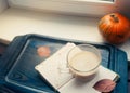 One pumpkin squash and a latte coffee made with with plant based oat soya or almond milk Royalty Free Stock Photo