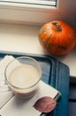 One pumpkin squash and a latte coffee made with with plant based oat soya or almond milk Royalty Free Stock Photo