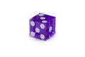 One purple glass dice isolated on white with light shadow. The result is three, macro photography. Royalty Free Stock Photo